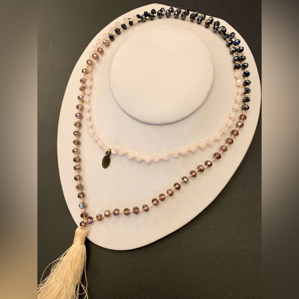 Zacasha three colour crystal bead tassel necklace